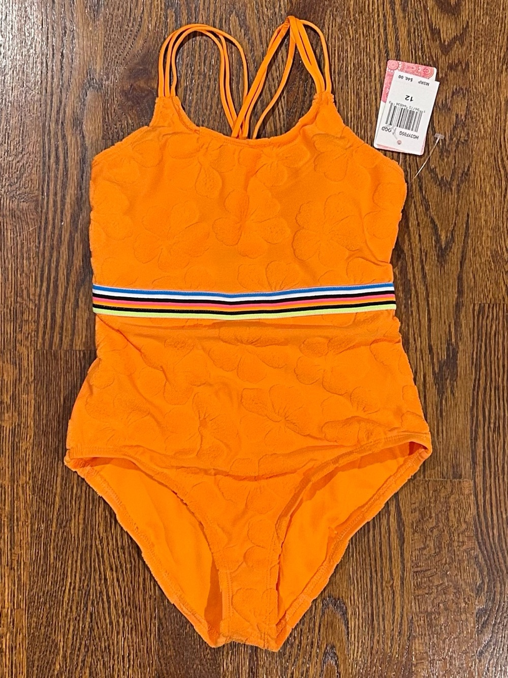 HOBIE GIRLS Texture Bright Neon Orange One-Piece Swimsuit with Striped Waist